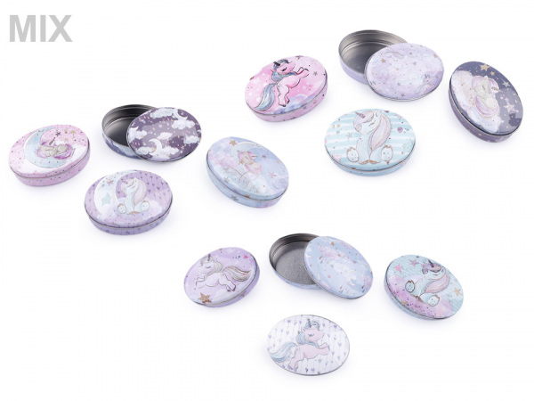 Plechová oválná krabička jednorožec