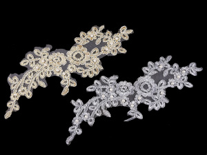 Lurexová aplikace / vsadka na monofilu 11,5x30 cm s perlami, na společenské šaty