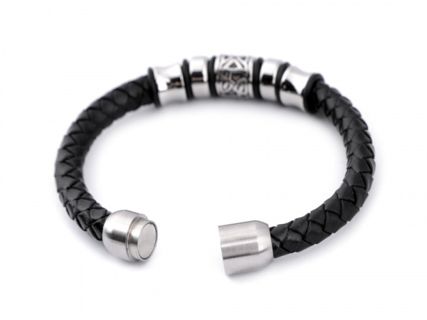 Pánský kožený náramek s ozdobami z nerezové oceli