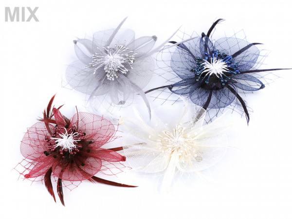 Brož / ozdoba do vlasů květ s peřím