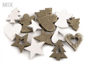Dřevěná dekorace srdce, stromeček, hvězda, anděl s glitry