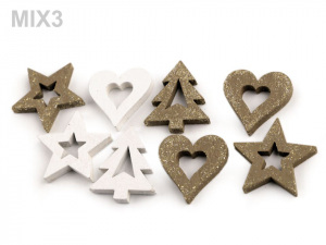 Dřevěná dekorace srdce, stromeček, hvězda, anděl s glitry