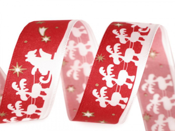 Vánoční taftová stuha Santa se soby šíře 25 mm