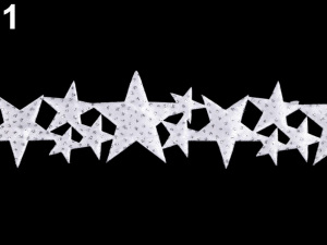 Saténový prýmek šíře 32 mm hvězdy s glitry, vánoční