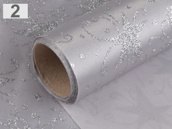 Vánoční satén jednostranný šíře 48 cm hvězda s glitry