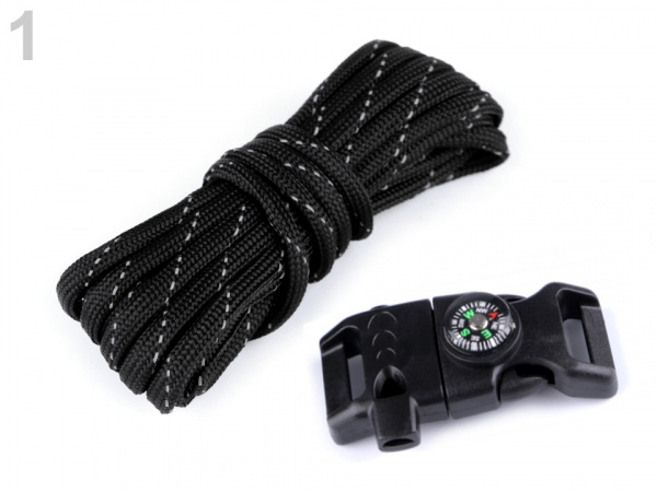 Sada na výrobu náramku z padákové šňůry s kompasem, píšťalkou, nožem a křesadlem