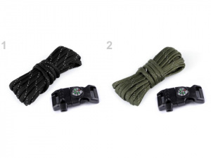 Sada na výrobu náramku z padákové šňůry s kompasem, píšťalkou, nožem a křesadlem