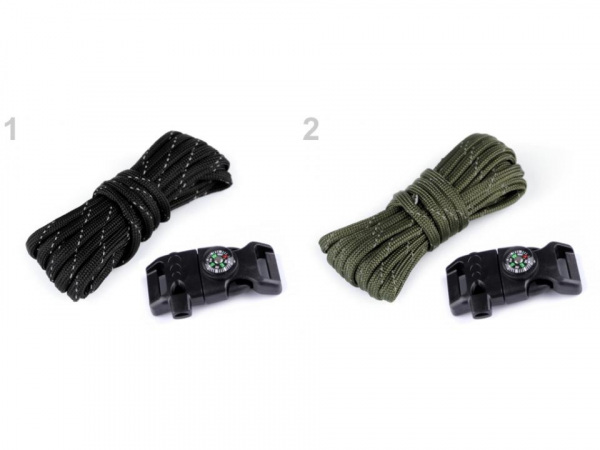 Sada na výrobu náramku z padákové šňůry s kompasem, píšťalkou, nožem a křesadlem