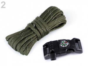 Sada na výrobu náramku z padákové šňůry s kompasem, píšťalkou, nožem a křesadlem