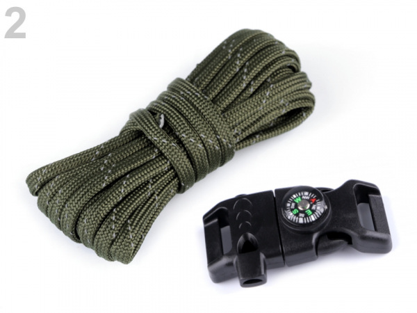 Sada na výrobu náramku z padákové šňůry s kompasem, píšťalkou, nožem a křesadlem