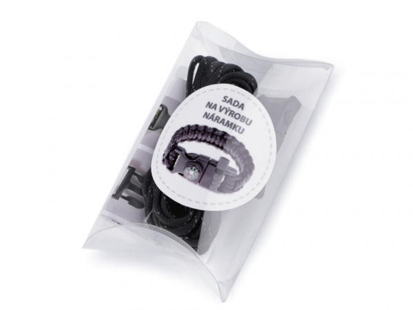 Sada na výrobu náramku z padákové šňůry s kompasem, píšťalkou, nožem a křesadlem