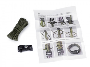 Sada na výrobu náramku z padákové šňůry s kompasem, píšťalkou, nožem a křesadlem