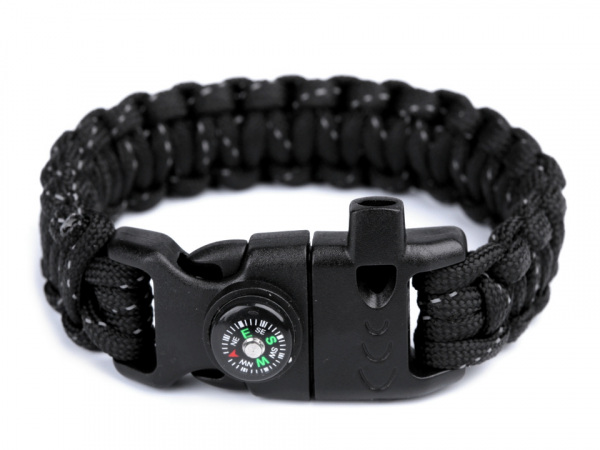 Sada na výrobu náramku z padákové šňůry s kompasem, píšťalkou, nožem a křesadlem