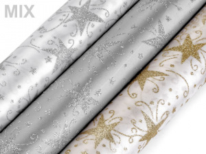 Vánoční satén jednostranný šíře 48 cm hvězda s glitry