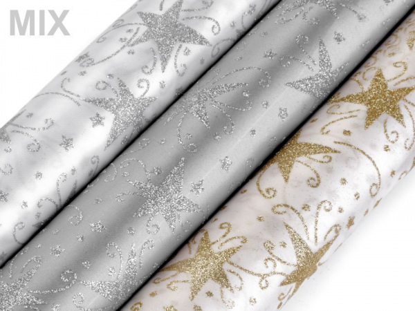 Vánoční satén jednostranný šíře 48 cm hvězda s glitry