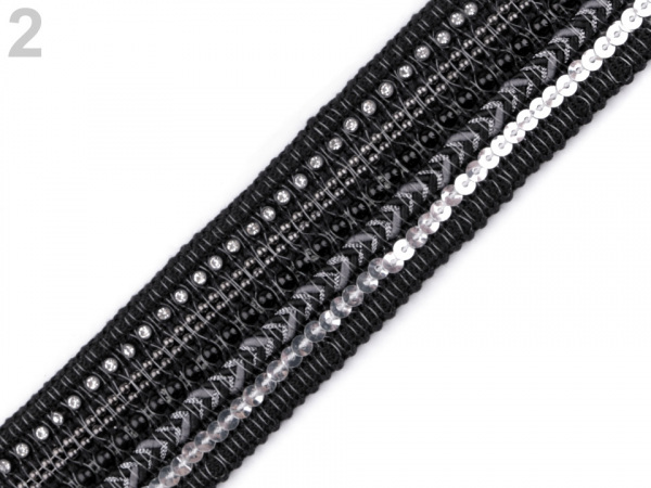 Víceřadý prýmek s flitry, korálky a broušenými kamínky šíře 39 mm