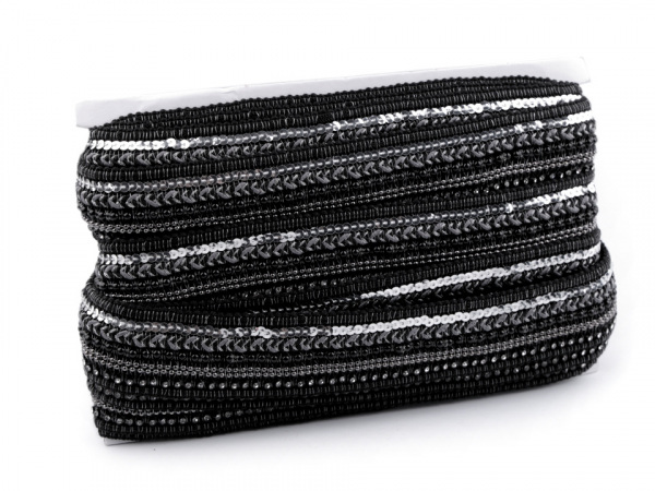 Víceřadý prýmek s flitry, korálky a broušenými kamínky šíře 39 mm