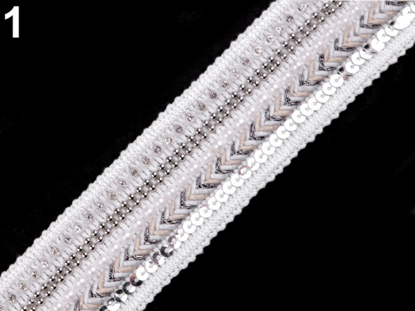 Víceřadý prýmek s flitry, korálky a broušenými kamínky šíře 39 mm