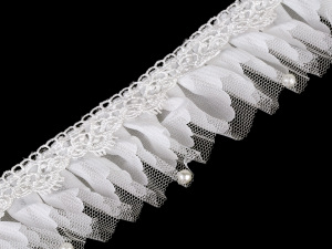 Volánkový prýmek s krajkou a perlami šíře 49 mm 3vrstvý