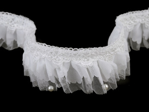 Volánkový prýmek s krajkou a perlami šíře 49 mm 3vrstvý