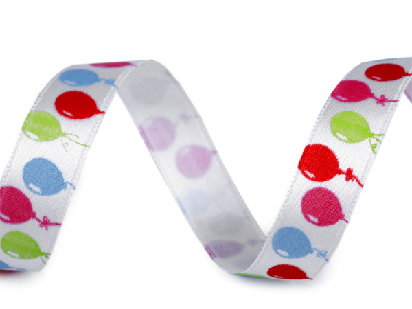 Saténová stuha balónky, Happy birthday šíře 14 mm