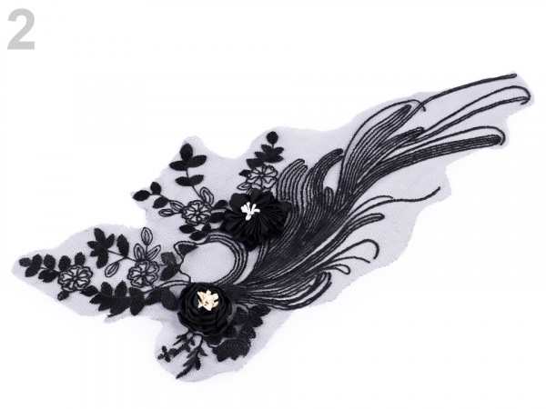 Velká aplikace / vsadka na monofilu, vyšívaná s 3D květy, na společenské šaty