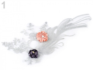 Velká aplikace / vsadka na monofilu, vyšívaná s 3D květy, na společenské šaty