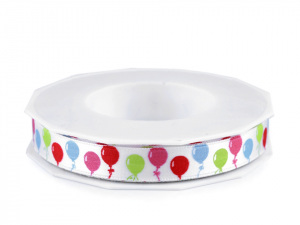 Saténová stuha balónky, Happy birthday šíře 14 mm