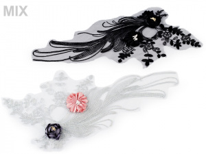 Velká aplikace / vsadka na monofilu, vyšívaná s 3D květy, na společenské šaty