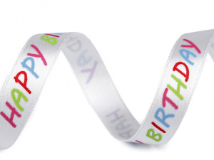 Saténová stuha balónky, Happy birthday šíře 14 mm