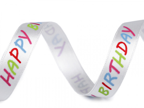 Saténová stuha balónky, Happy birthday šíře 14 mm