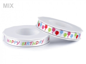 Saténová stuha balónky, Happy birthday šíře 14 mm