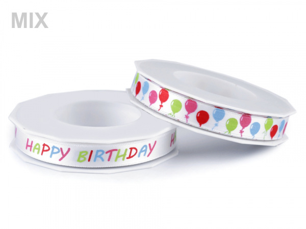Saténová stuha balónky, Happy birthday šíře 14 mm