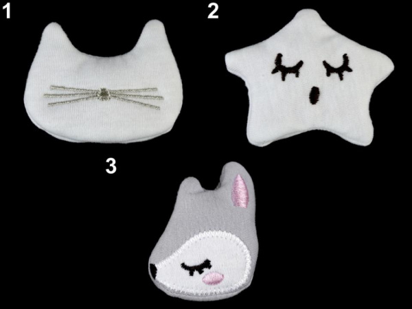 Textilní aplikace / nášivka s pískátkem kočka, hvězda, srnka