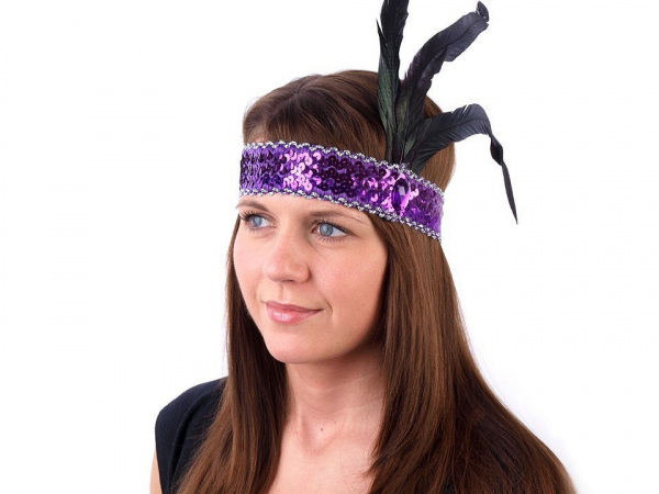 Karnevalová čelenka flitrová s peřím retro