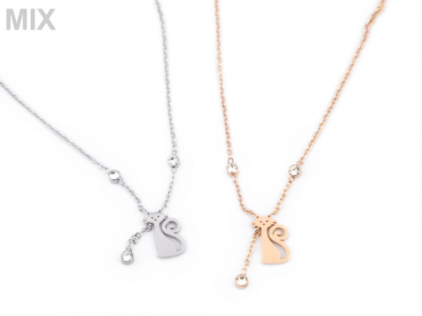 Náhrdelník z nerezové oceli kočka s broušeným kamínkem