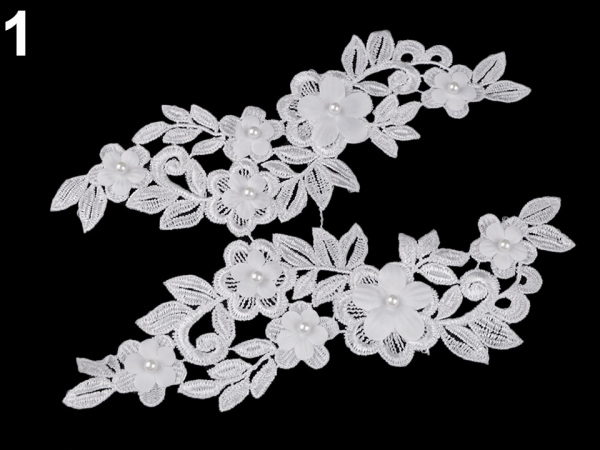 Krajková aplikace / vsadka s perlou 3D 8x24 cm