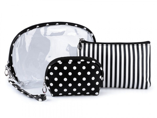 Kosmetická taška průhledná, proužkovaná a puntíkovaná, sada 3 ks