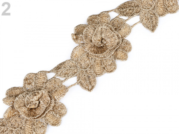 Vyšívaný prýmek / krajka 3D květ s lurexem šíře 60 mm