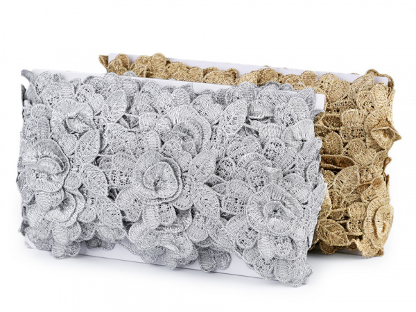 Vyšívaný prýmek / krajka 3D květ s lurexem šíře 60 mm