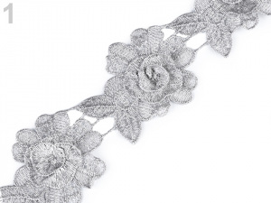 Vyšívaný prýmek / krajka 3D květ s lurexem šíře 60 mm