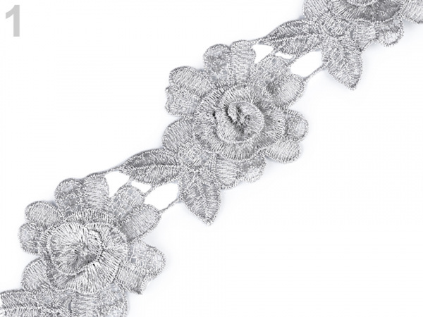 Vyšívaný prýmek / krajka 3D květ s lurexem šíře 60 mm