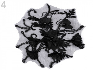 Aplikace / vsadka na monofilu s 3D květy a perlami 17x20 cm