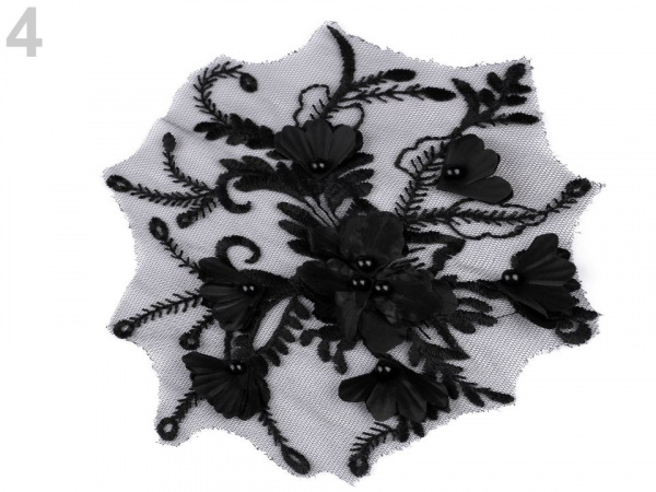 Aplikace / vsadka na monofilu s 3D květy a perlami 17x20 cm