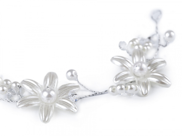 Perlová ozdoba do vlasů s květy a broušenými korálky