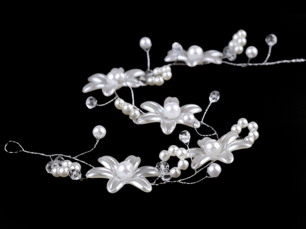 Perlová ozdoba do vlasů s květy a broušenými korálky