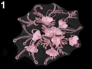 Aplikace / vsadka na monofilu s 3D květy a perlami 17x20 cm