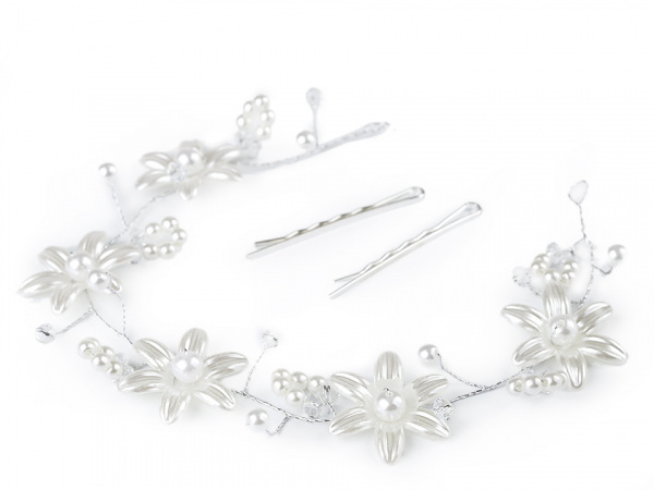 Perlová ozdoba do vlasů s květy a broušenými korálky
