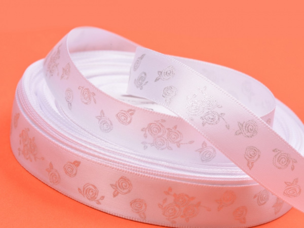 Stuha atlasová svatební růže a srdíčka šíře 15mm