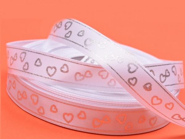 Stuha atlasová svatební růže a srdíčka šíře 15mm